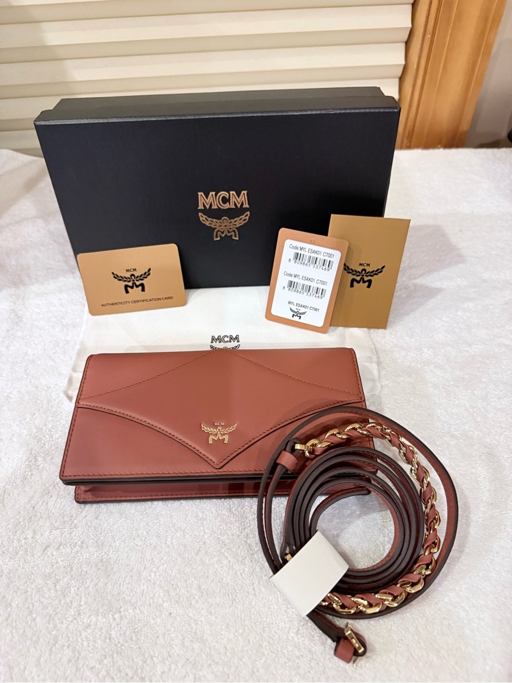MCM Chestnut Brown Leather Envelope Wallet with Gold Chain Strap